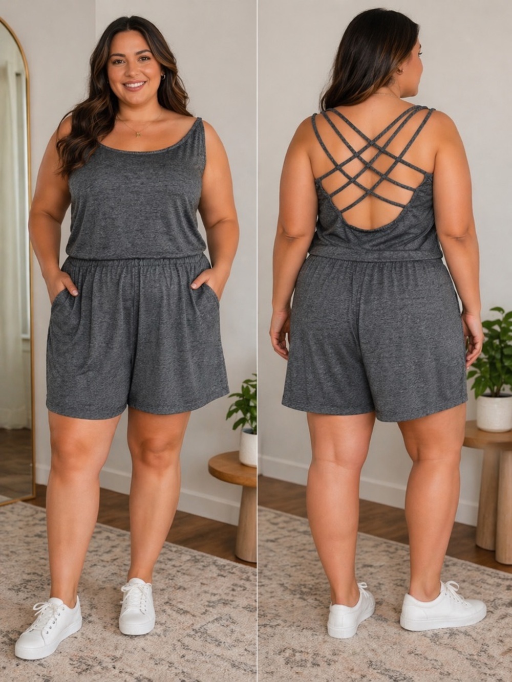 Derek Heart Women's Gray Romper Shorts Scoop Neck Short Sleeve Pockets Size 3X